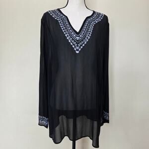EUC I.E. 2X Silk Chiffon Sheer Embroidered Sequin Tunic Blouse Black White